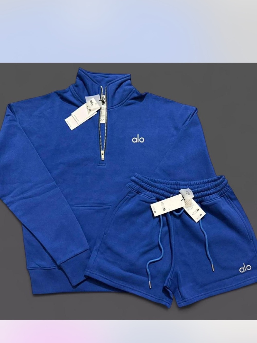 Adult unisex ALO Yoga Royal Blue Half-Zip Sweatshirt & Drawstring Shorts